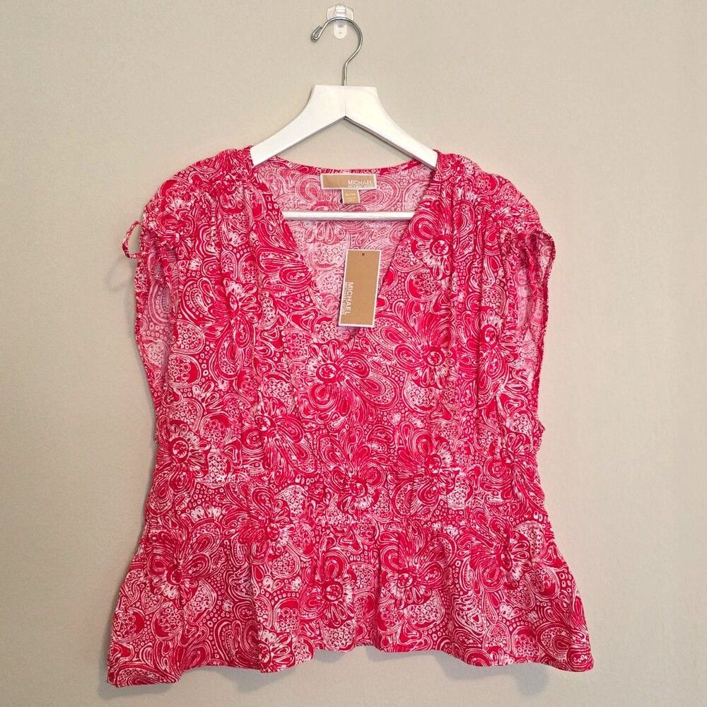 MICHAEL Michael Kors NEW Pink Floral Paisley Peplum Top XL NWT Cinch Cap Sleeve